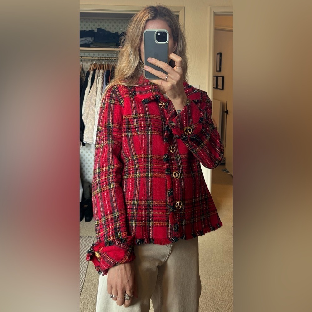 Vintage Red Tweed Plaid Knit Woven Raw Hem Fringe Blazer Jacket Gold Buttons - Picture 3 of 12